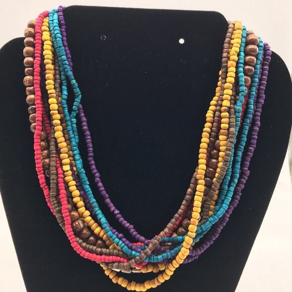 Multi-Colored Multi-Strand Necklace Dyed Wood Bead‎ - Picture 1 of 5